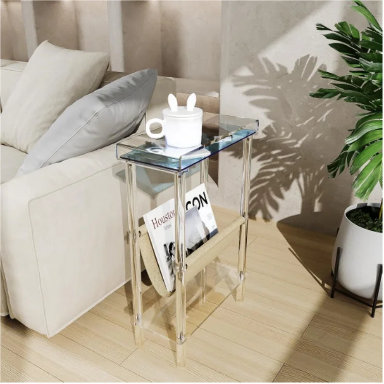 Acrylic Slim End Table with Magazine Holder Nightstand for Living Room Bedroom