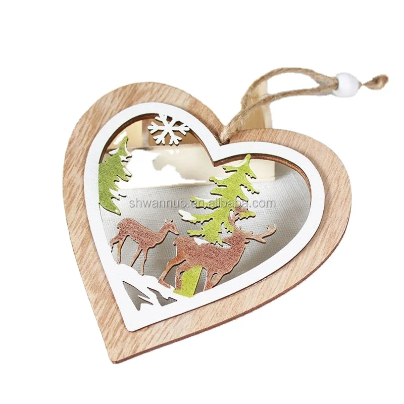Wanuocraft 3D Love Heart Shape Christmas Tree Hanging Ornaments Decorations Wooden Pendant Tags For Wedding Festival
