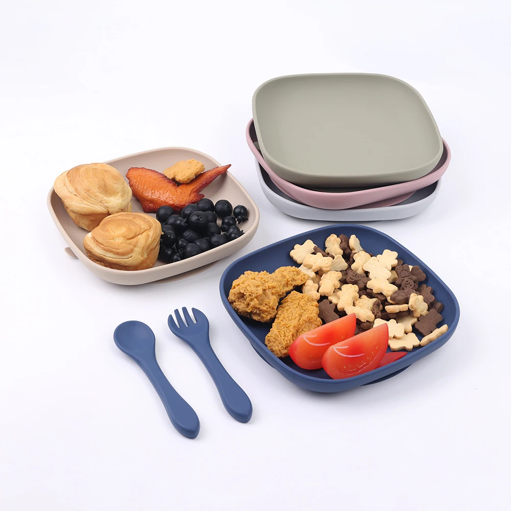 Customized Eco Friendly Non Toxic Food Feeding Set Strong Suction Square Silicone Baby Suction Plate Tableware Kids Dishes Plate