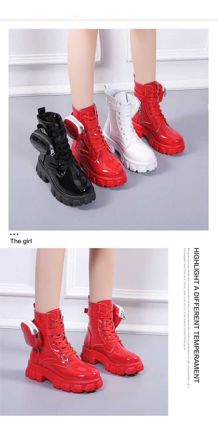 Ladies Buckle Strap Black Chunky Sole Printed Round Toe Thick Sole Lace up British Style Fashion Wallet Boots