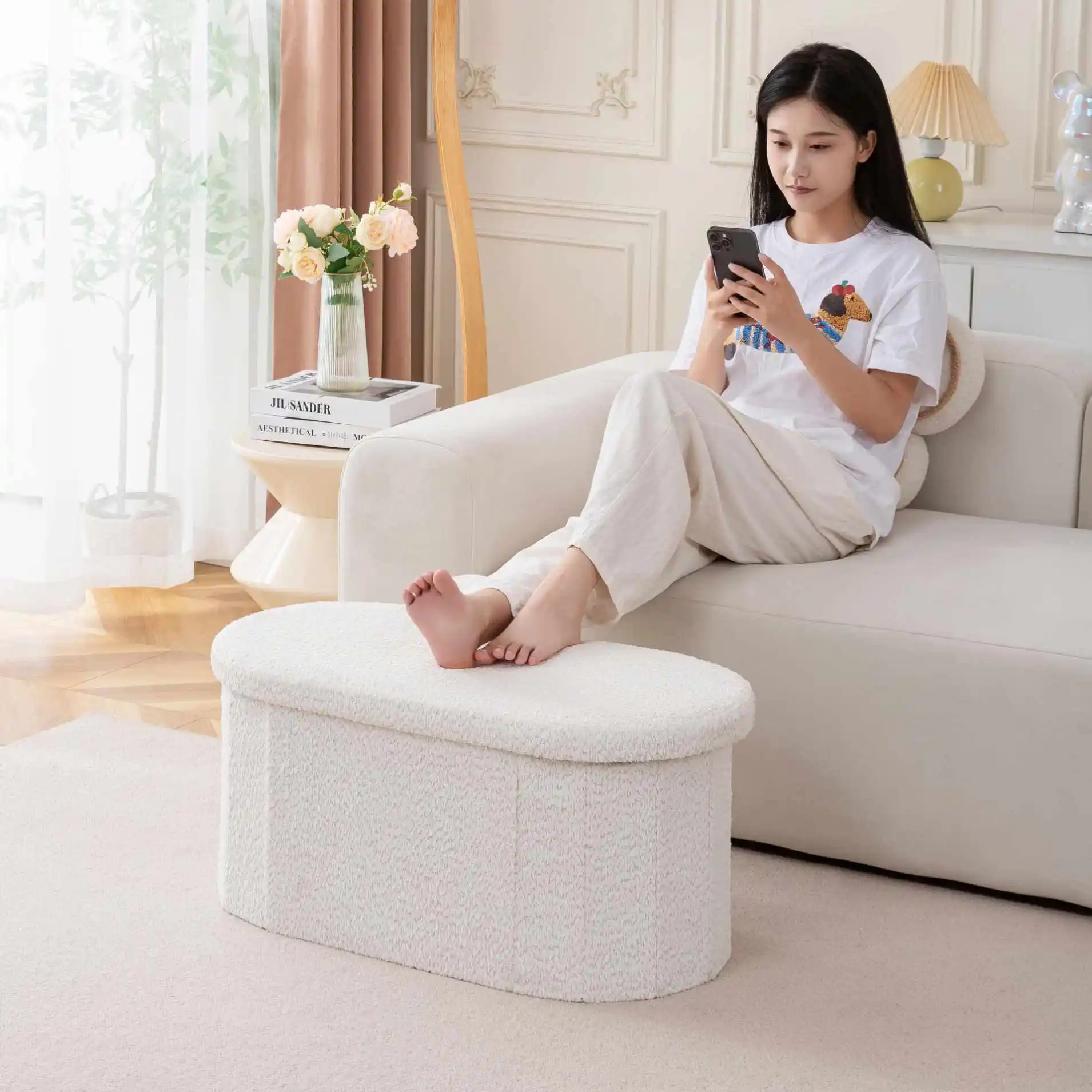 Montrae Wide Oval Storage Ottoman Bench With 2 Small Stool For End Of Bed Set Fabric Carton Customized Logo Dining Chair T/T