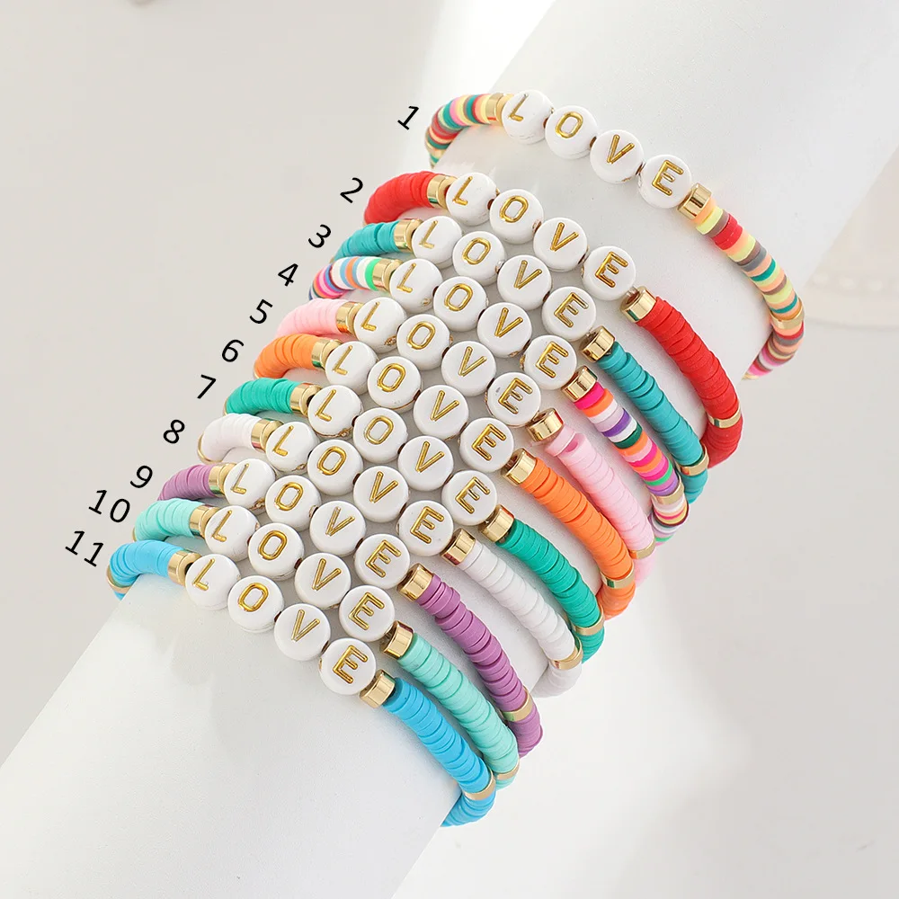 Boho  polymer clay beads  bracelets Love Blessed name words stretch bracelet for women