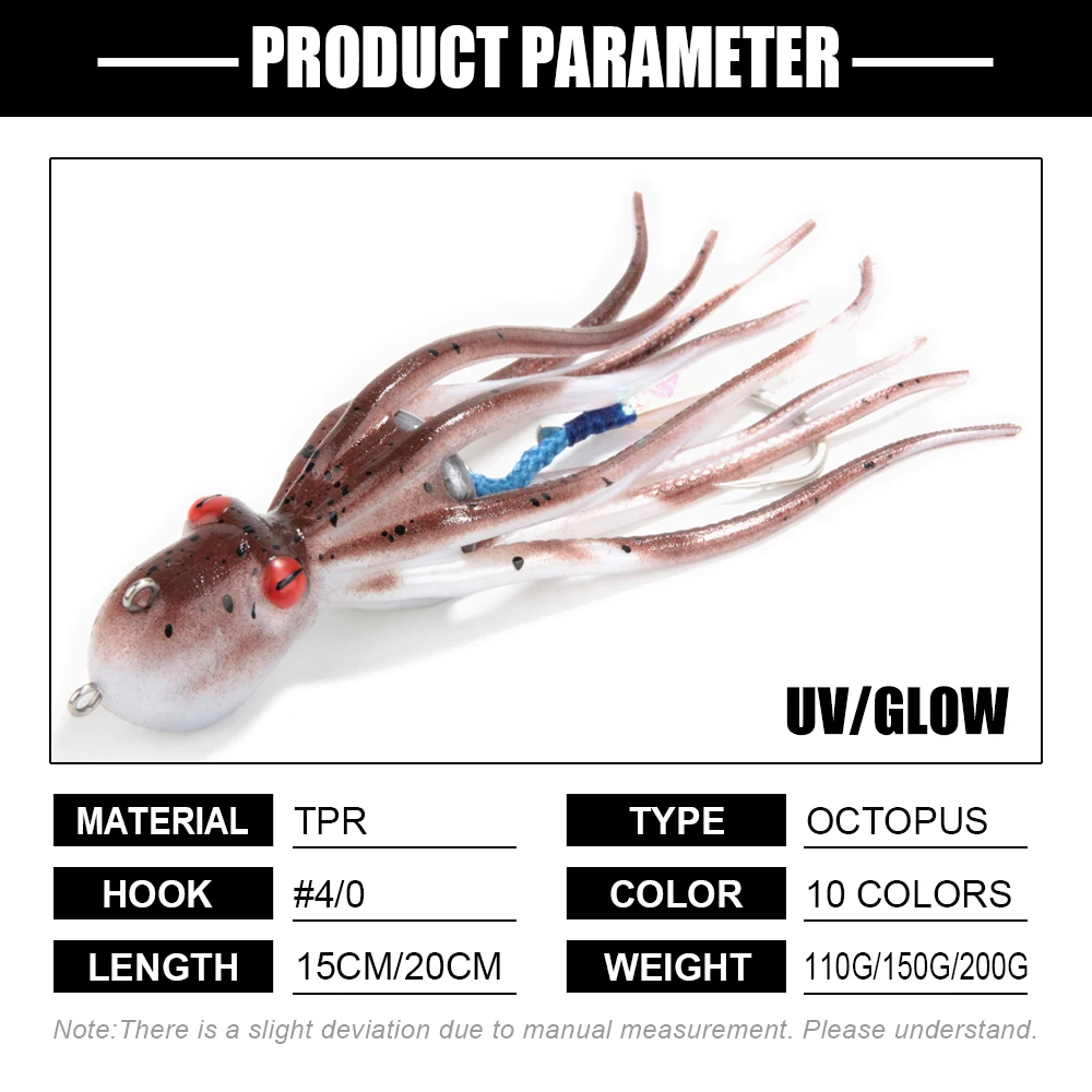 110g/150g/200g Spinpoler 3D Octopus Fishing Lure Artificial Saltwater Long Tail Squid Skirt Lure TPE Soft UV/Glow Octopus Bait