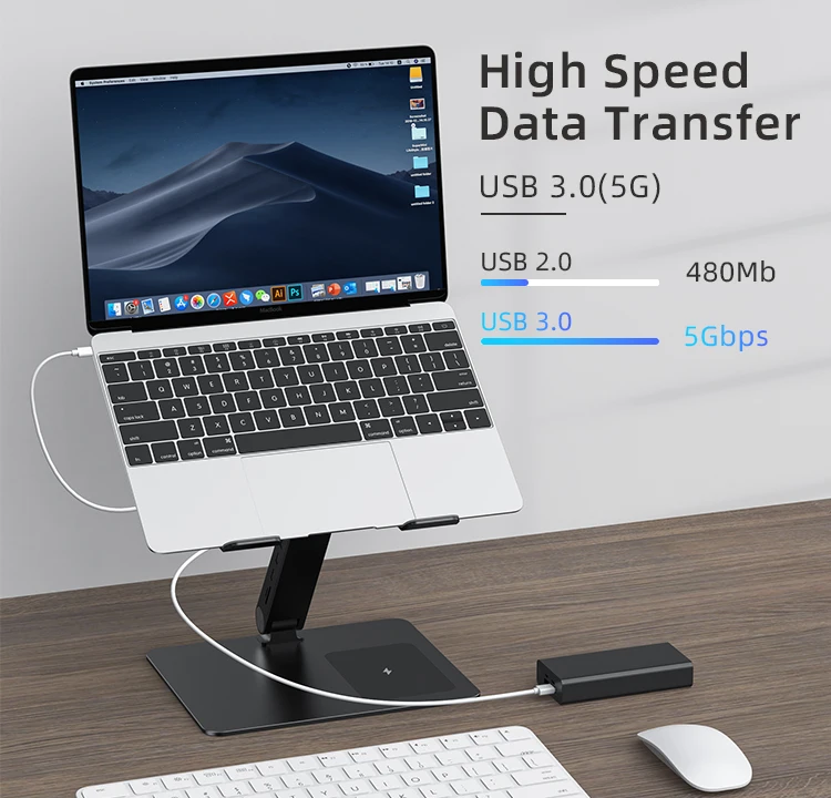 Ergonomic Folding Adjustable Tablet Holder With Wireless Charging Metal Aluminum Laptop Stand With Docking Station