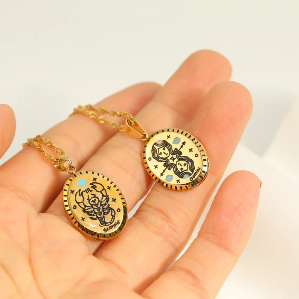 Vintage Gold Plated Vermeil Zodiac Necklace Jewelry Stainless Steel Star Sign Pendant Zodiac Medallion Astrology Necklace