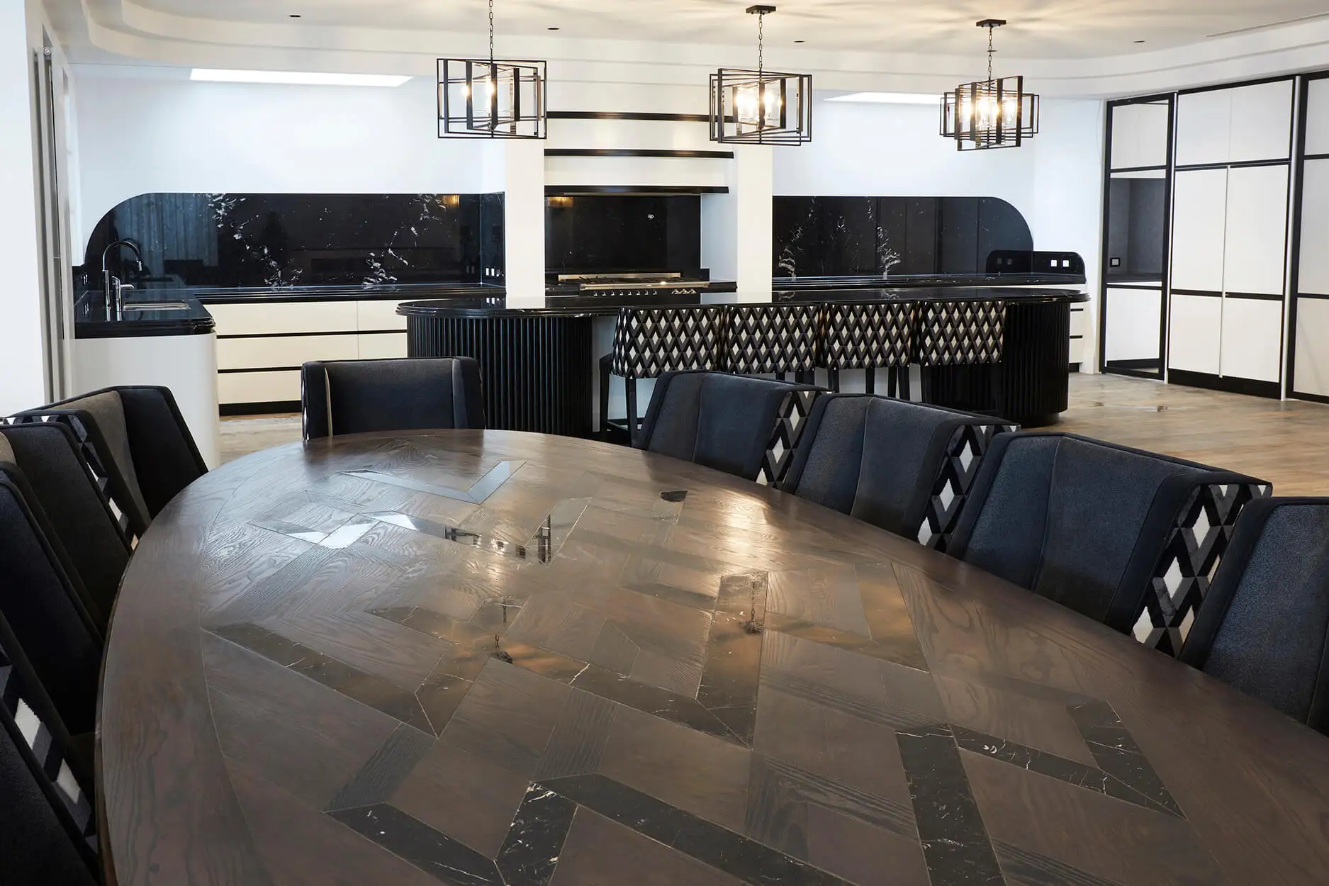 2021 French  large Oval dining table  inlaid  solid ash wood  and marble counter tops