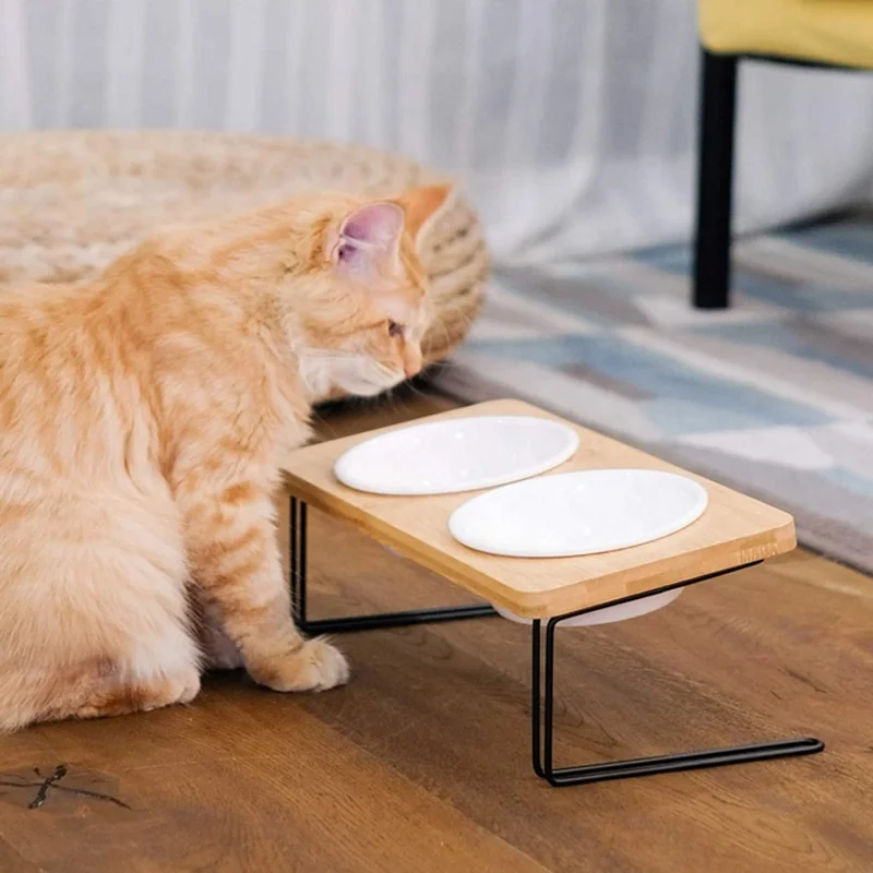 Raised Pet Bowls for Cat and Dog - Adjustable Bamboo Elevated Feeder Stand with 2 Stainless Steel Bowls Antislip Pet Food