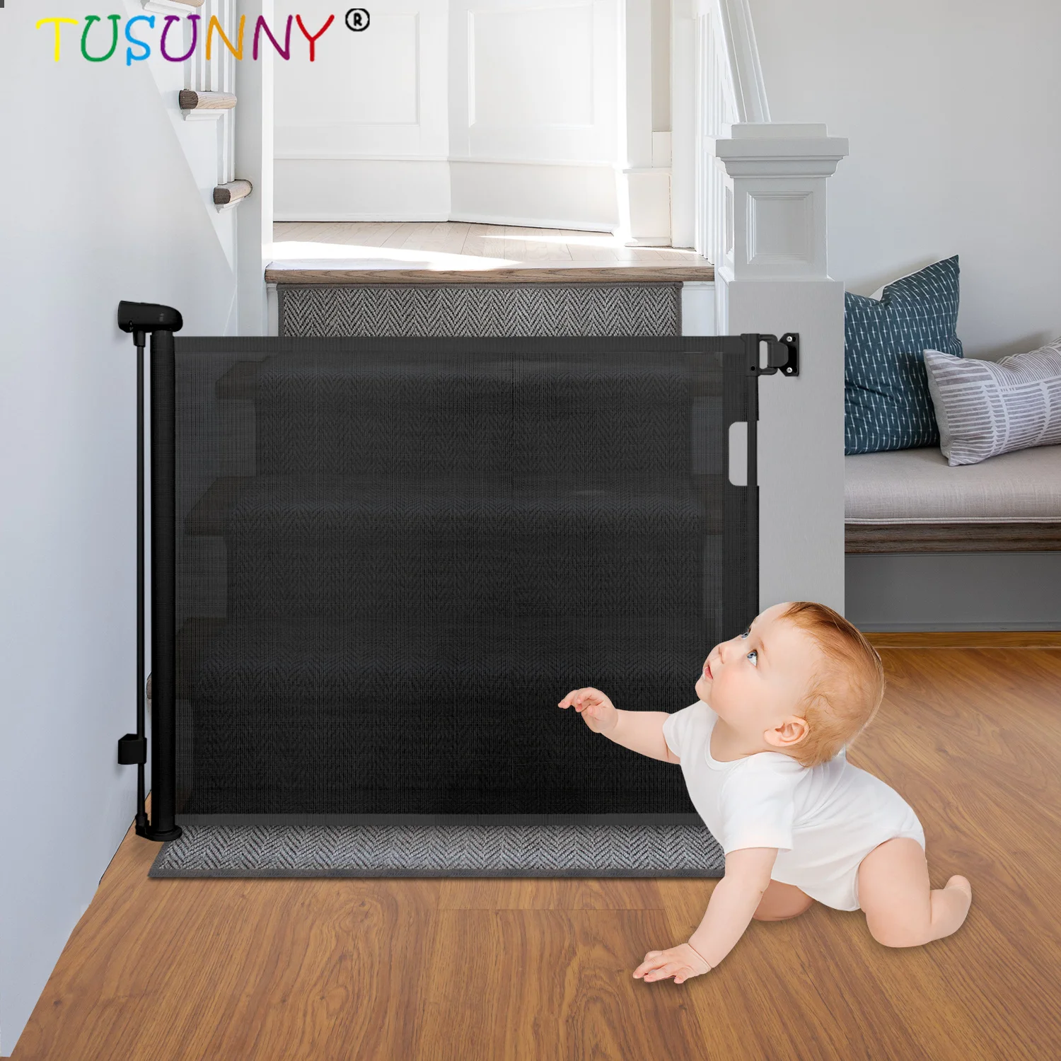 Retractable Baby Gate, Extra Wide Safety Kids or Pets Gate, 34 Tall, Extends to 55 Wide, Mesh Safety Dog Gate