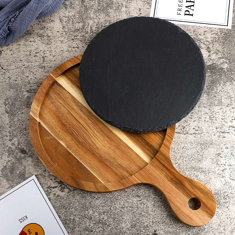 2024 Source factory kitchenware cutting board natural stone slate wood food tray hotel restaurant wooden serving