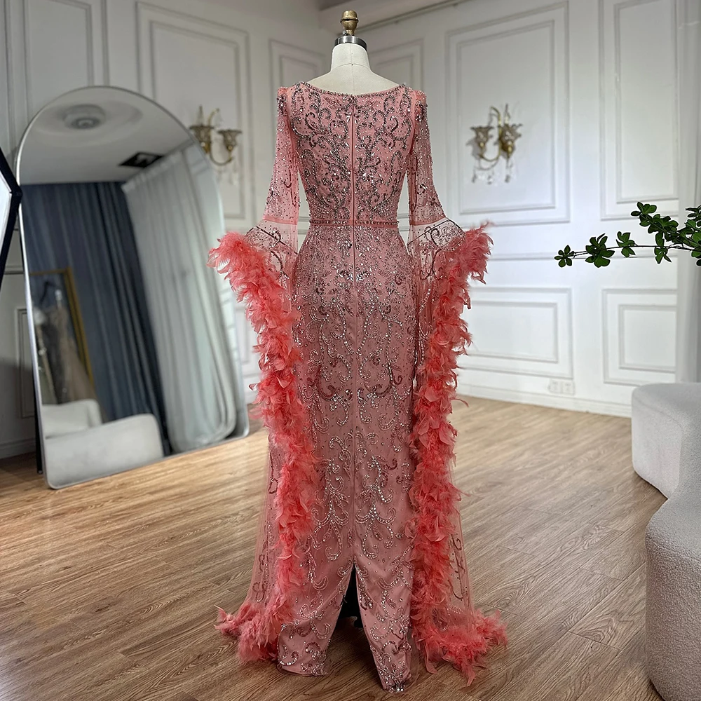 Flared Sleeves Mermaid Peach Beaded Feather Evening Dresses Serene Hill LA72767 Formal Party Gowns For Women