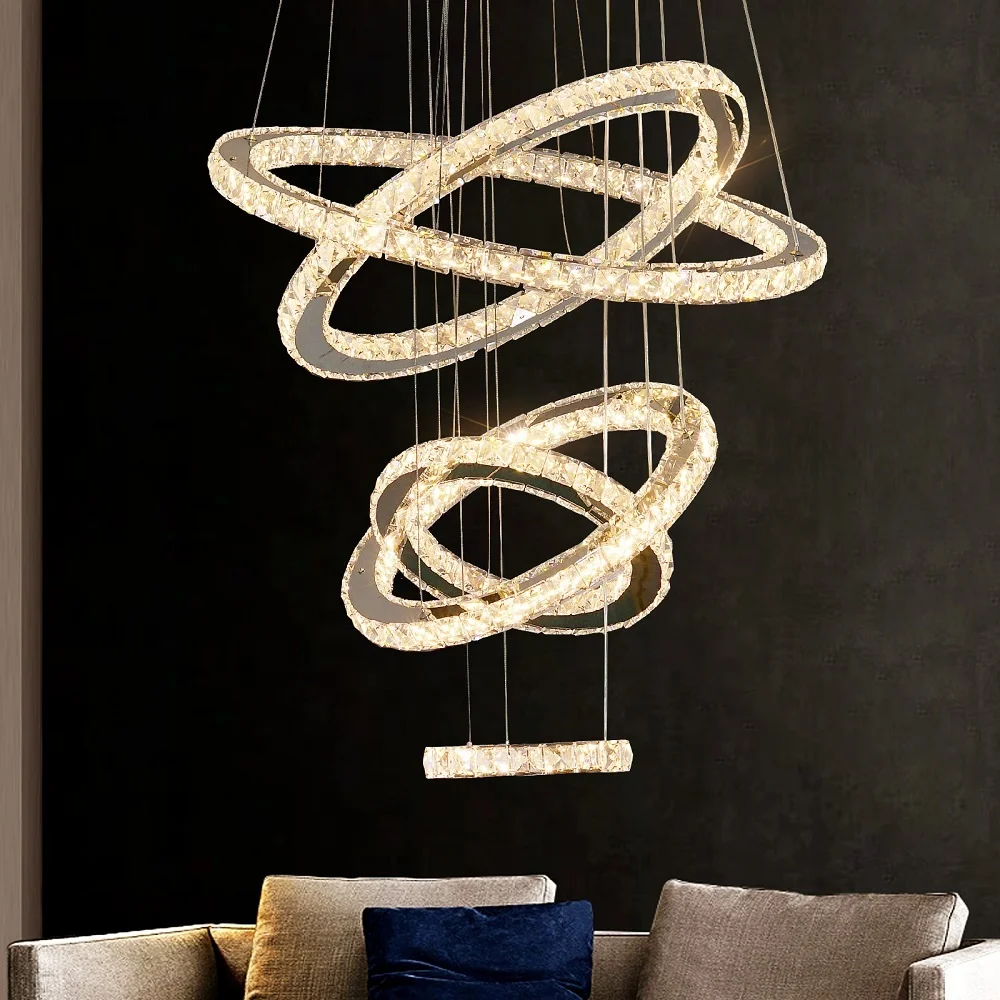 5 10 Rings K9 Crystal Chrome Hotel Stair Led Chandelier Light For High Ceilings
