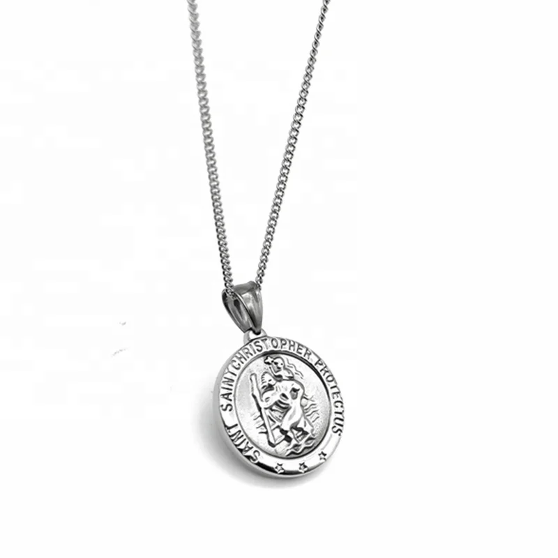 MECYLIFE Stainless Steel Gold Plated Medallion Saint Christopher Protect Us Religious Jewelry Men Coin Necklace