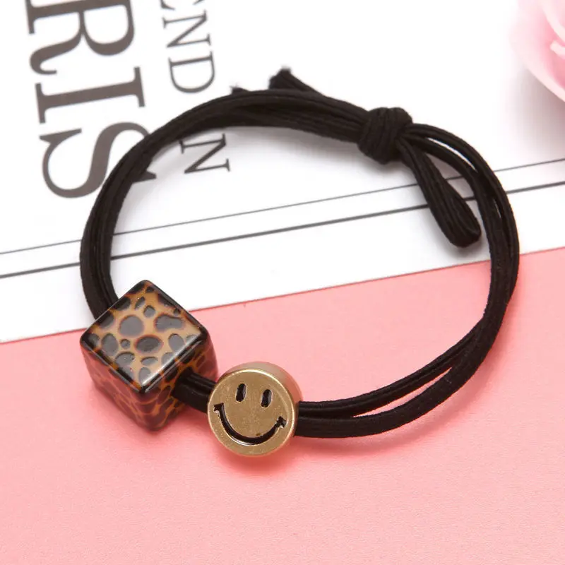 Hot Selling Factory Fashion Black Leather Rope With Square Dice Leopard Smile Face Charms Hair Ring Women Cute Bands Hair Ties