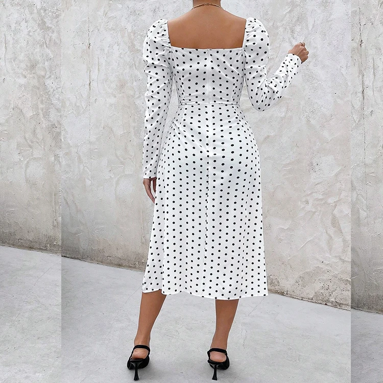 Custom Elegance Women Dot Printing Split Thigh Square Neck  Midi Dress  Long Sleeves Slim Fitted Dresses