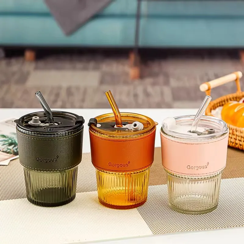 400ml New Design Vertical Stripes Leather Sleeve Clear Drinking Tumbler Travel Coffee Glass Cup With Lid and Straw