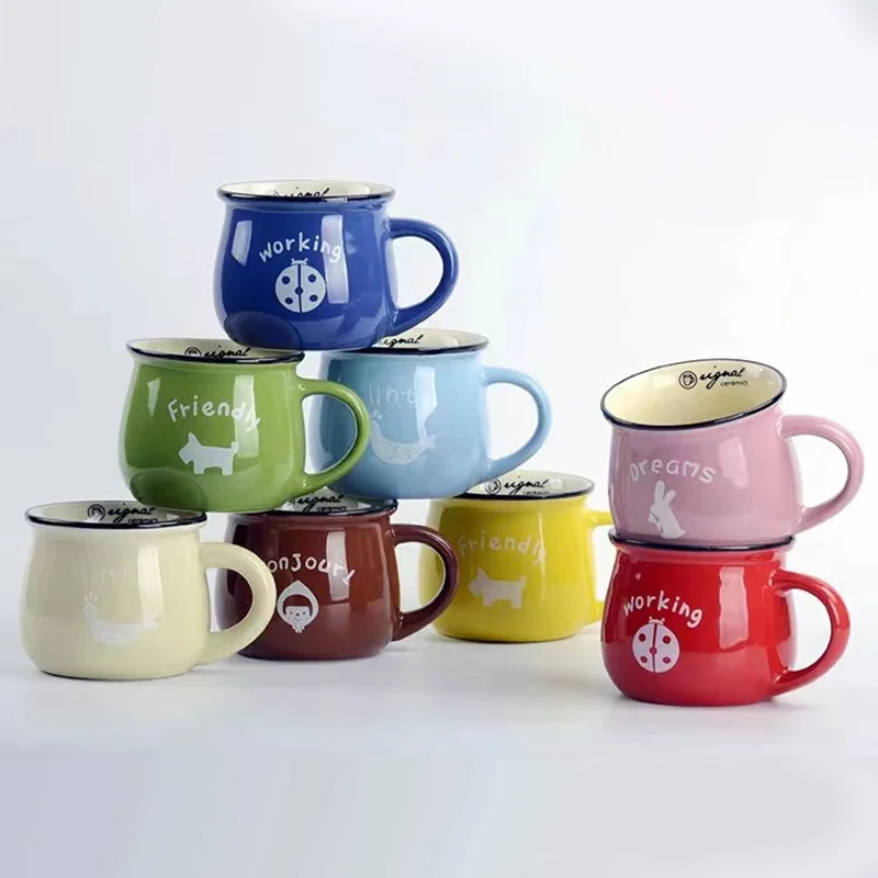 Wholesale 6oz 9oz 14oz Simple Big Belly Ceramic Mugs Custom Logo Printed Cartoon Breakfast Milk Cups For Promotional Gift
