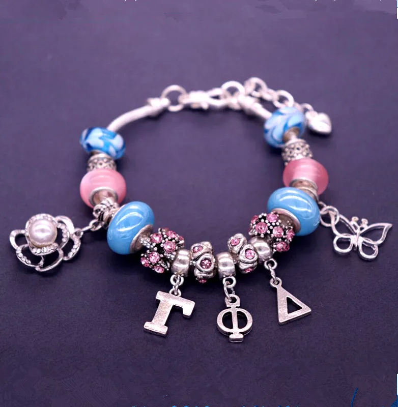 Wholesale silver plated snake chain bracelet greek letter Gamma Phi Delta sorority souvenir jewelry butterfly charms  bracelet