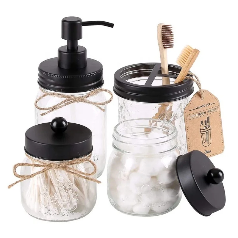 Wholesale Hand Sanitizer Pump Cover Glass Mason Jar With Black Soap Dispenser Bathroom Accessories