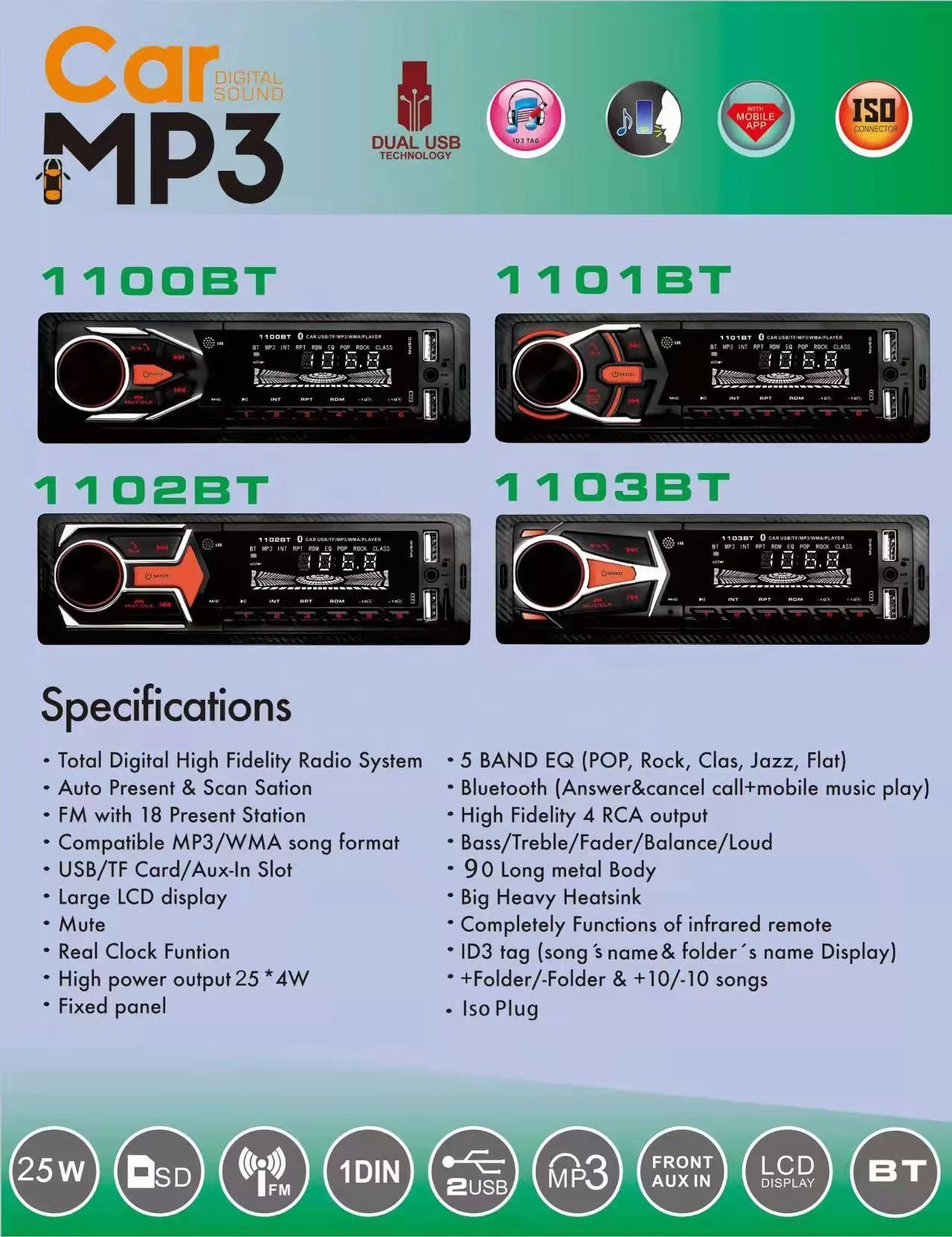 Professional Car Audio Mp3 1 Din BT Sound System Car Tape Mp3 Player Iso Universal Radio Speaker Bluetooth Usb Hands-free 7388