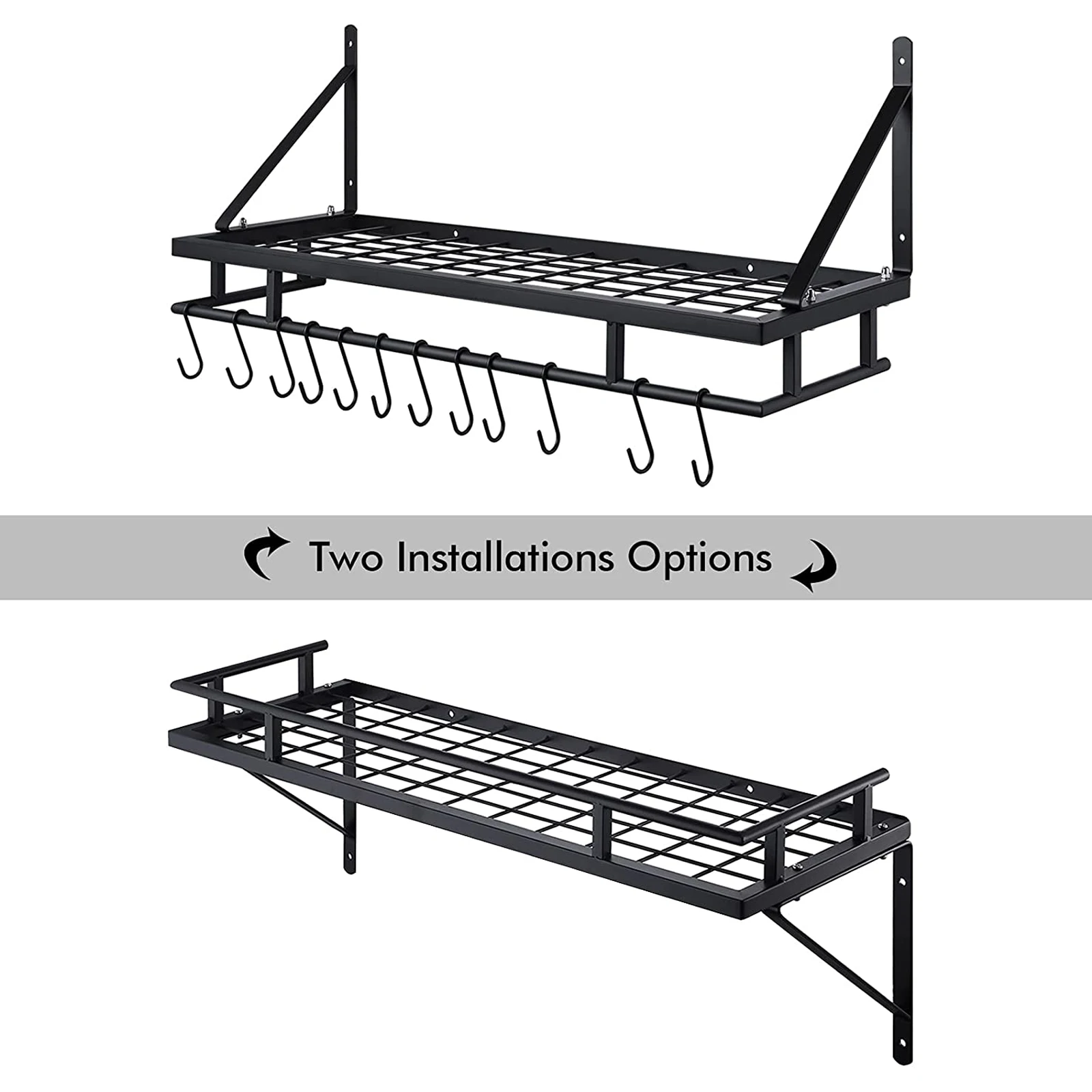 Kitchen Pan Pot Rack Wall Mounted Hanging Storage Organizer Wall Shelf with 12 Hooks Matte Black