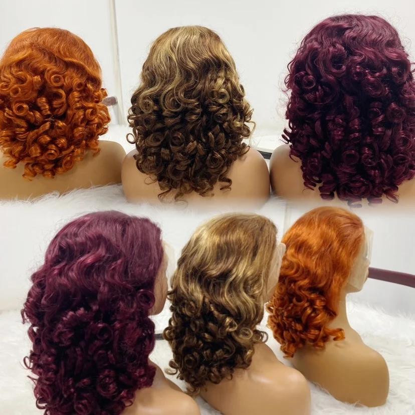 Free Sample and Free Shipment Wigs Indian Remy Human Hair Loose Curly Wine Red Burgundy Color Bob Glueless HD Lace Frontal Wigs