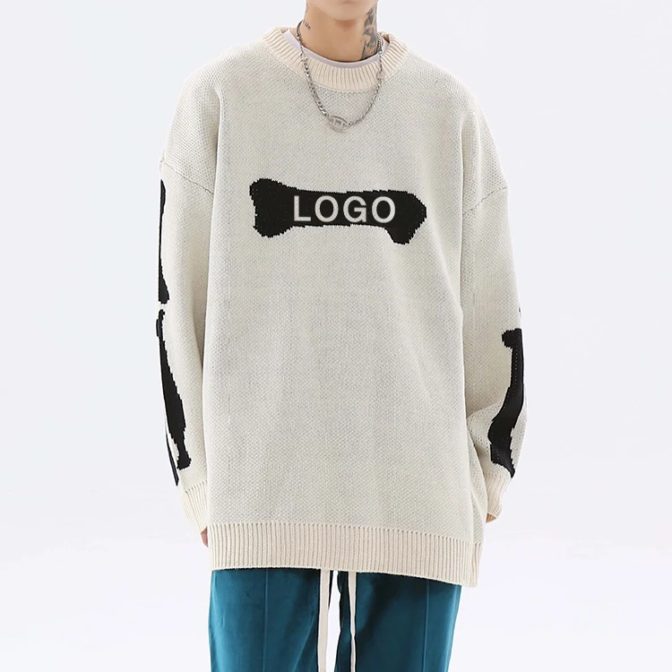 Custom Logo Brushed Mohair Wool Knitting Skull Jacquard Fuzzy Knitted Men Pullover Jackets Fuzzy Mohair Blend Sweater