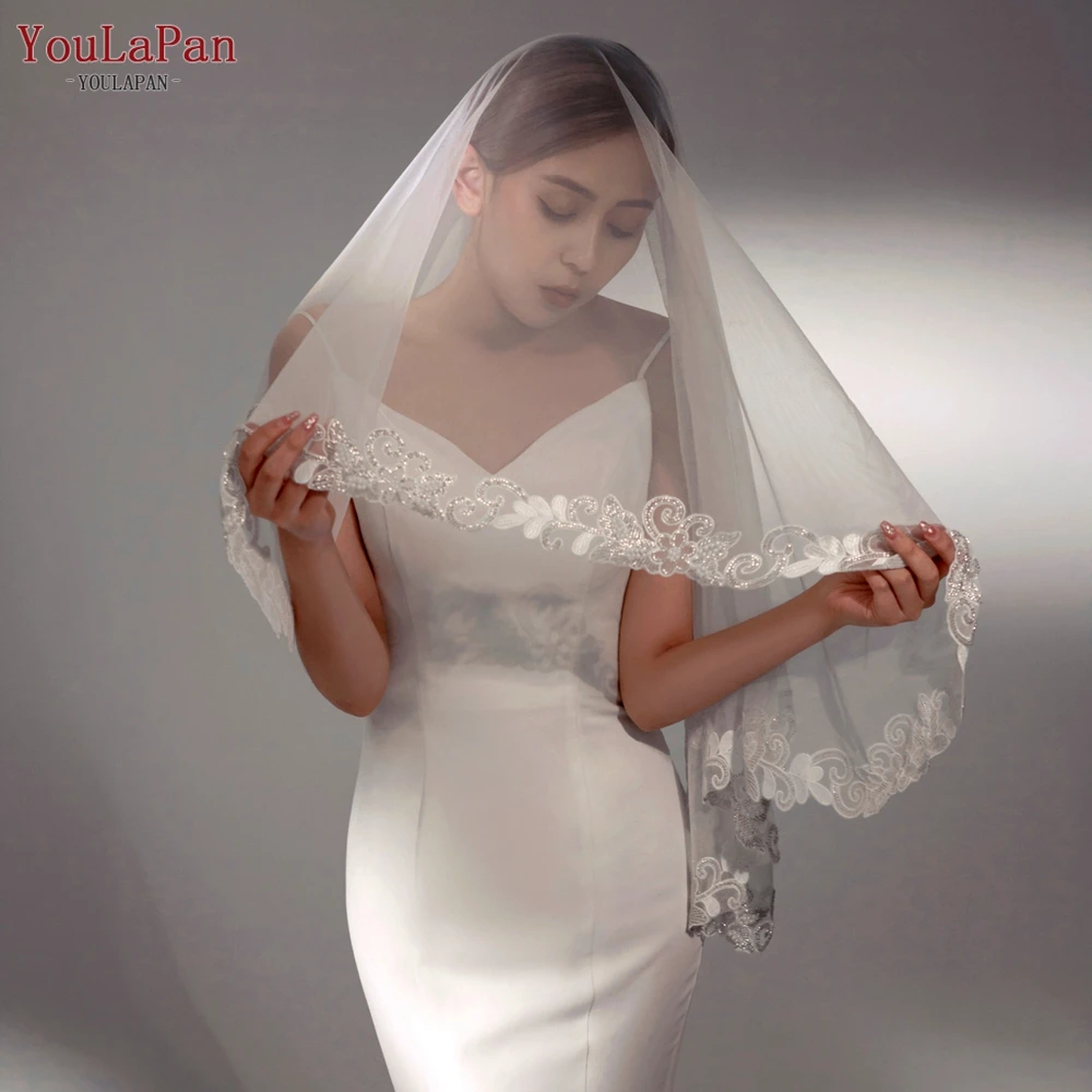 YouLaPan V60 Retro Short Without Comb Cover Veil Hand Beaded Embroidered Lace Single Layer White Veil Bridal Wedding Veil