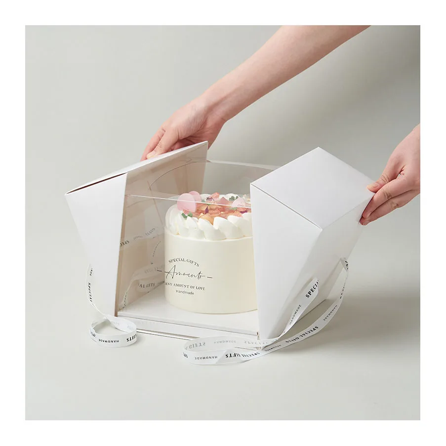 Eco Friendly Cake Packaging caja de pastel con asa White Transparent Loaf Cake Packaging Box 12 x 12 x 6 with window custom logo