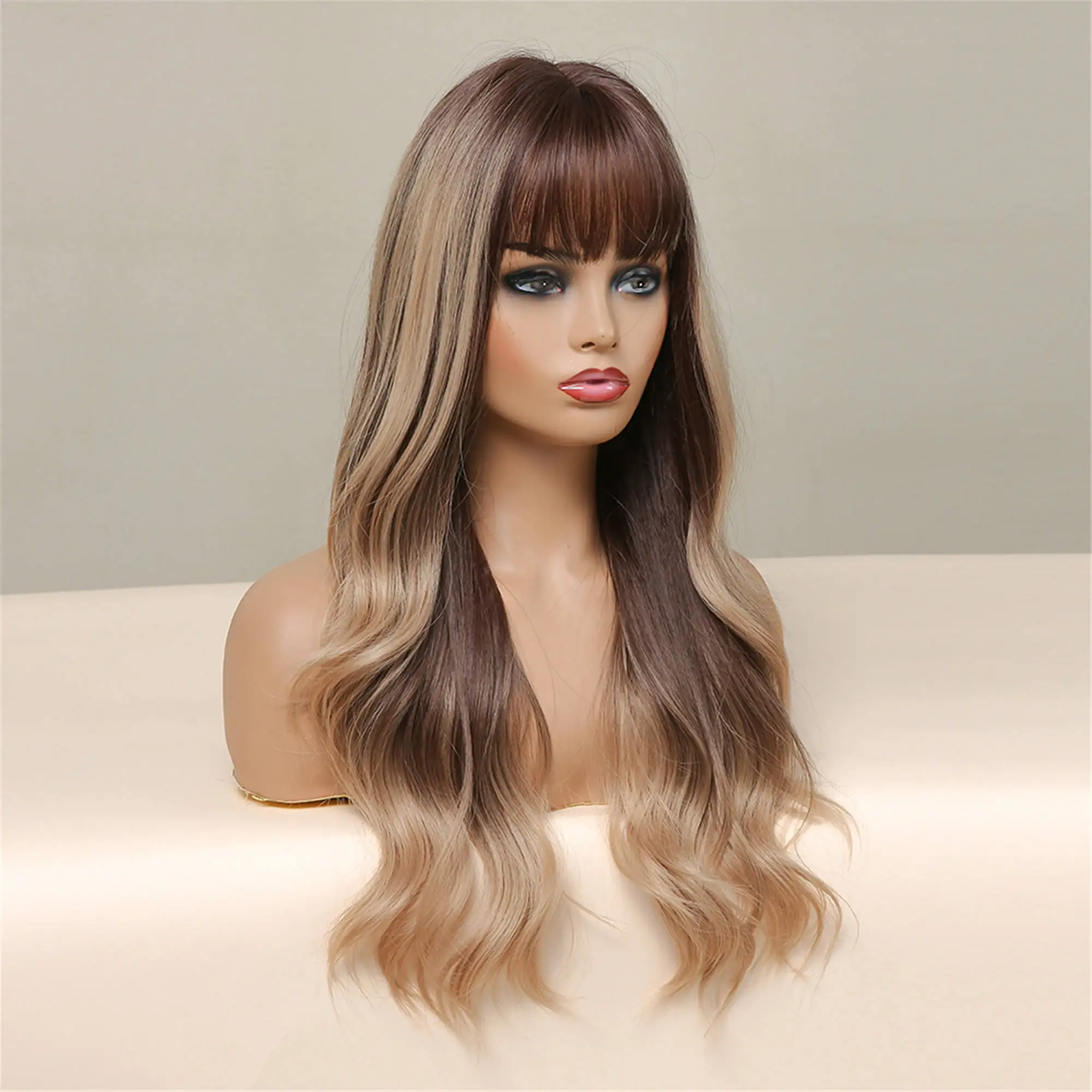 Stock Dark Brown Blonde Highlight Wigs with Bangs Long Water Wave Synthetic Wigs for Women Cosplay Daily Heat Resistant