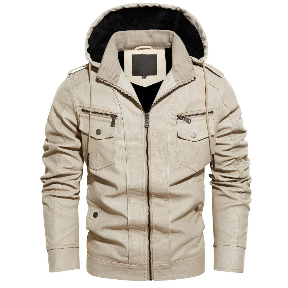 OEM Custom Service Wholesale Winter Stand Collar Hooded Brushed Men Outdoor Casual PU leather Biker Jacket