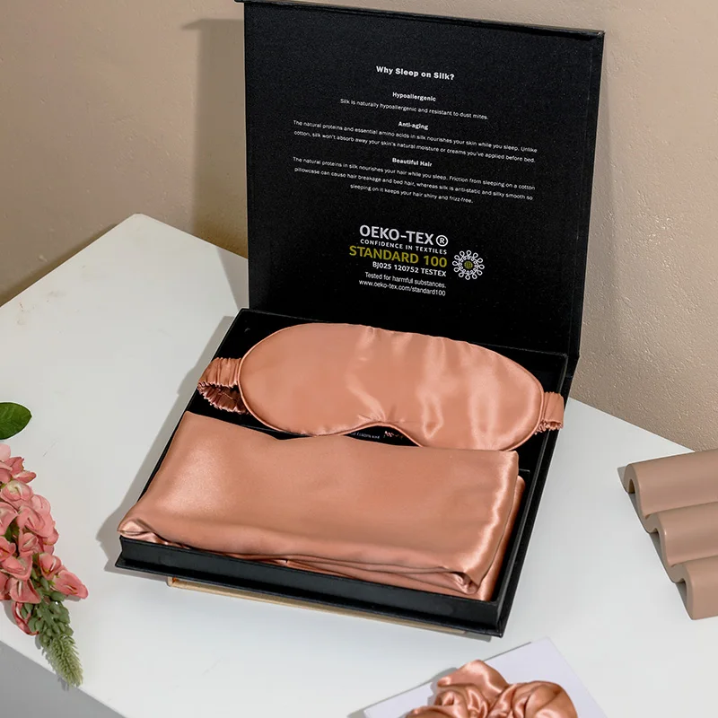 22mm Luxury 100% Mulberry Silk Sleep Travel Satin Silk Pink Eye Mask With Gift Boxes And Silk Pillowcase Sets