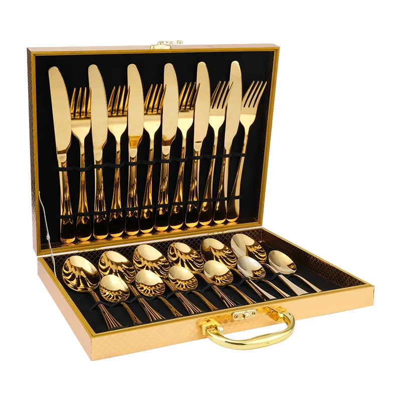 China new arrival customized logo knife spoon fork 24pcs gold flatware stainless steel luxury cutlery set