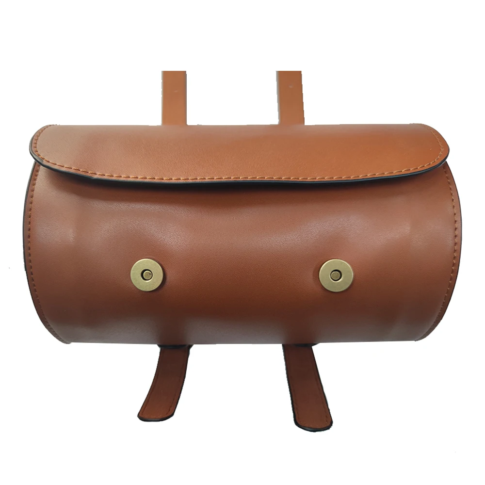 fashion custom brown round bucket rear pu leather bicycle front bag
