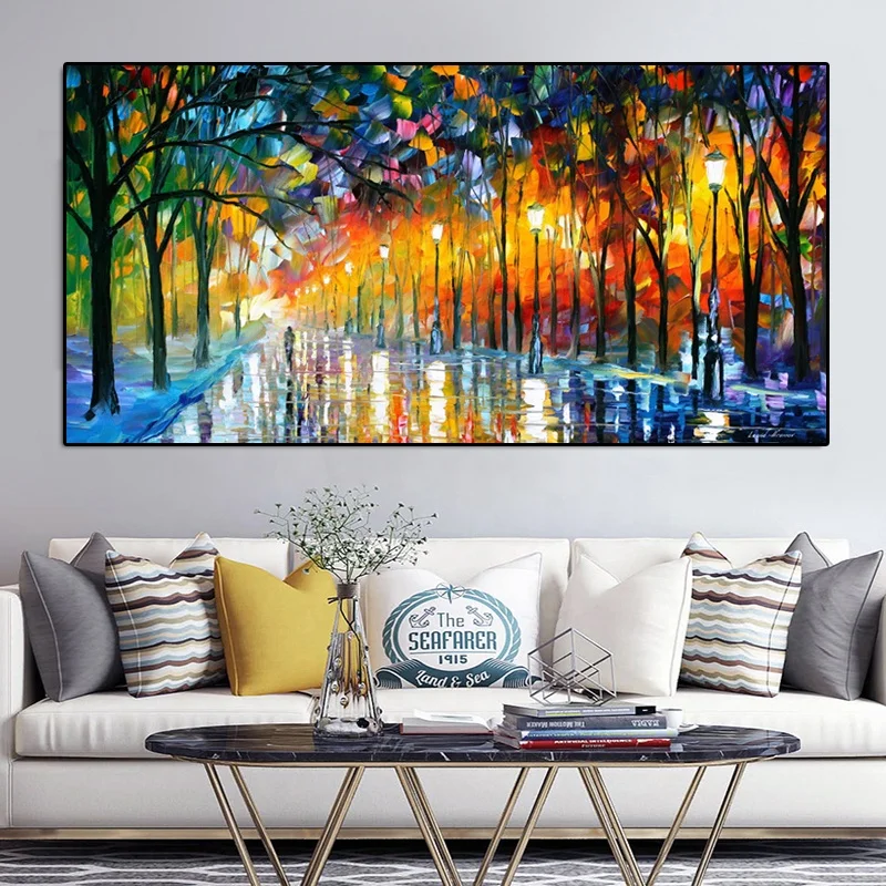 Romantic Canvas Painting Landscape Walking In Rain Road Palette Knife Oil Paintings