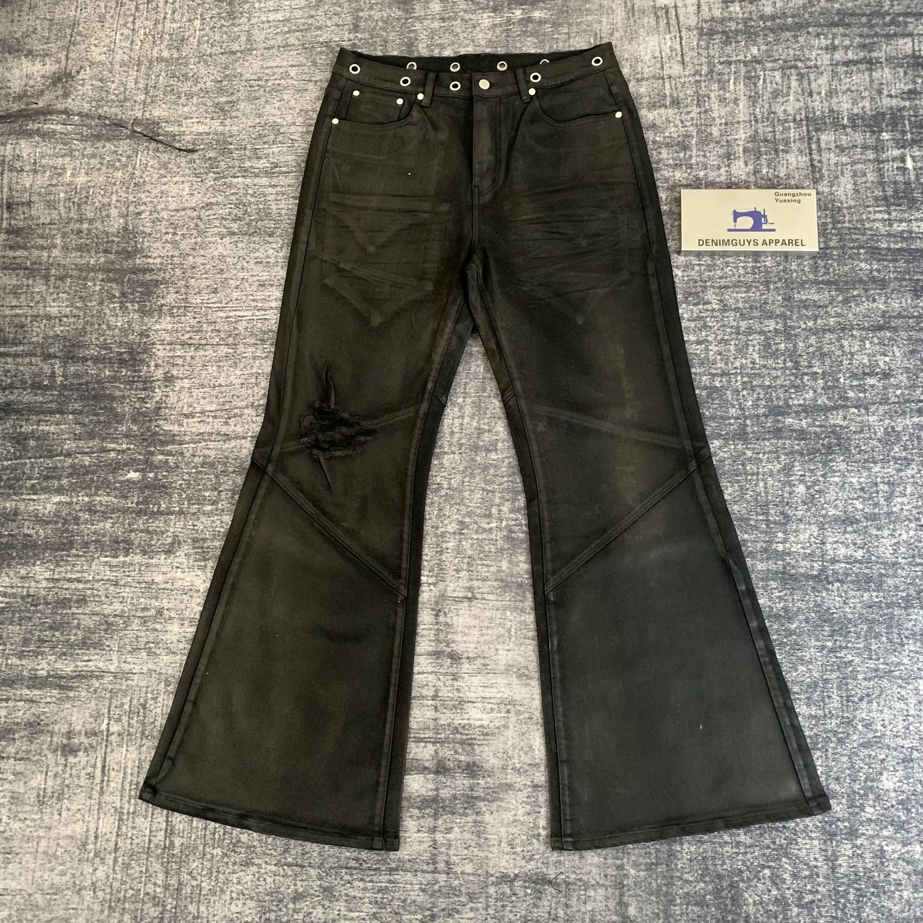 DENIMGUYS High-End Waxed Flared Jeans Men Wax-Coated Hip Hop Street Style Baggy Distressing Waxing Denim Bootcut Pants
