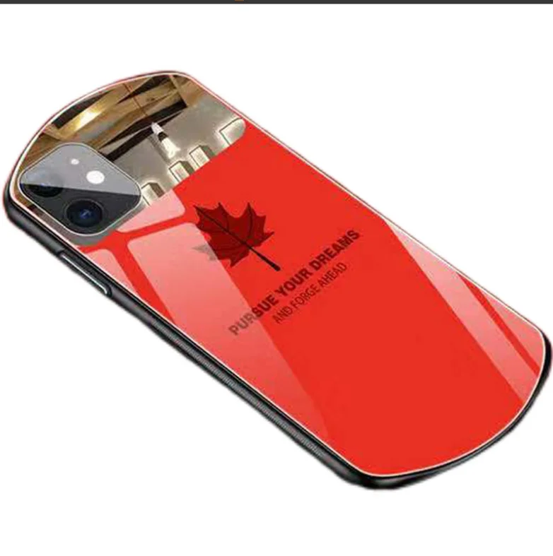 Personalized maple leaf mobile phone case arc makeup mirror case simple glass mobile phone case for iphone 13 wholesale