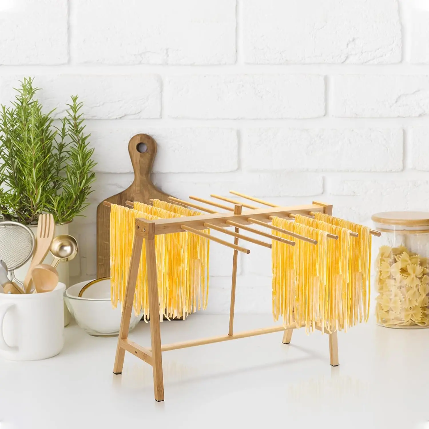 Bamboo Pasta Drying Rack, Noodle Dryer Stand with Transfer Wand and 14 Bars, Stable Household Spaghetti Hanger