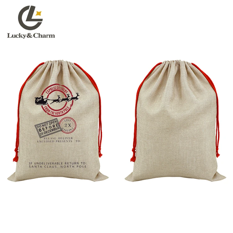 Drop Shipping Good Price Custom Pattern Gifts Cotton Canvas Jute Red Drawstring Pockets Santa Sack