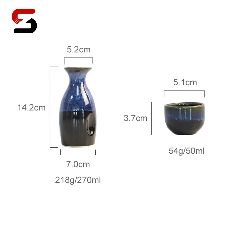 5 piece Ceramic Japanese Styled Sake Set In Blue, 1 Bottle and 4 Cups
