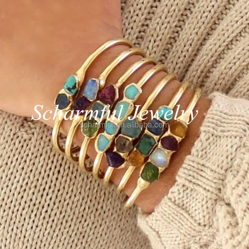 BS020179 Boho Chic Amethyst And Tuquoise Stone Gold Plated Bangle