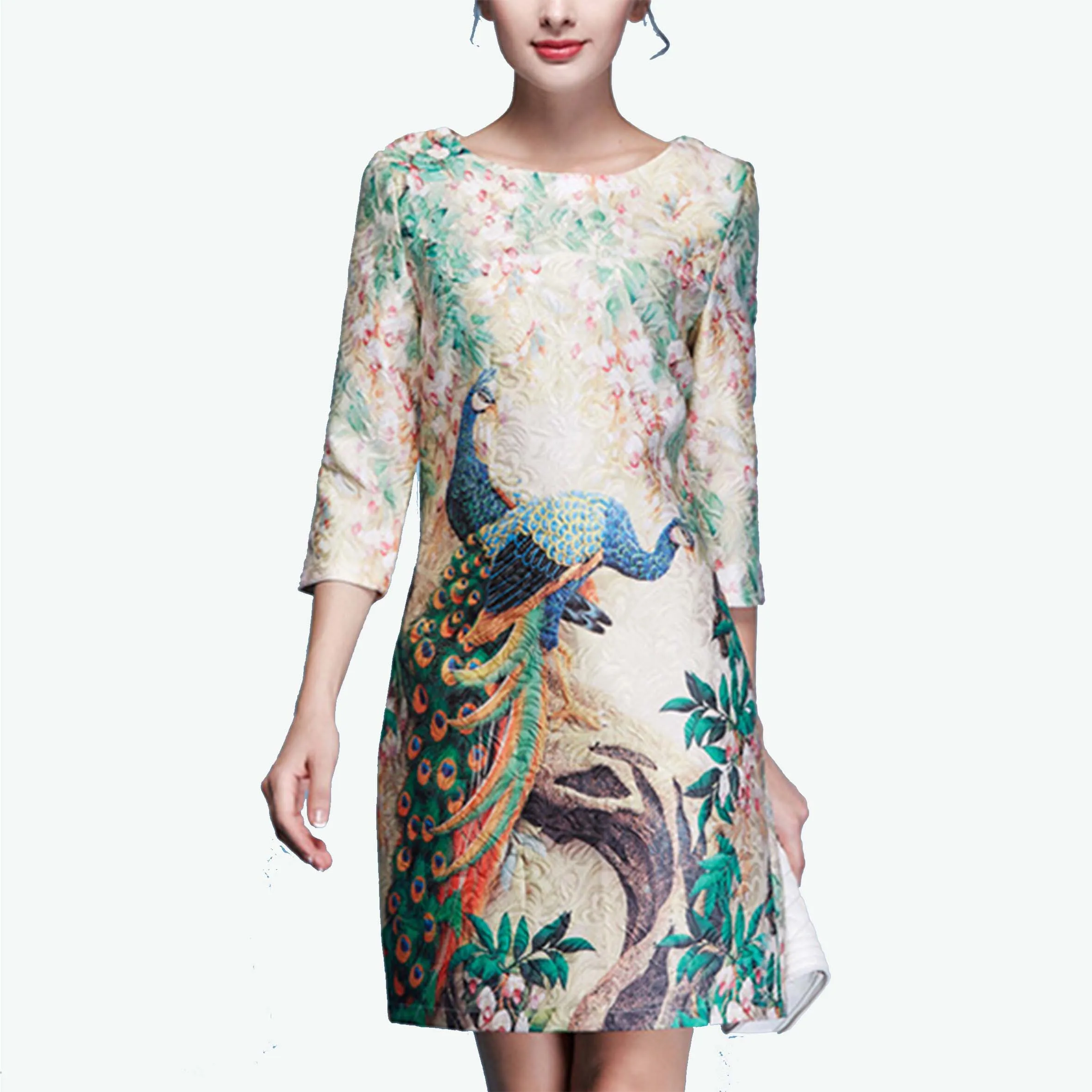 
Customize garment new arrivals factory above knee phoenix jacquard chinese style vintage retro dress with 3/4 sleeve 