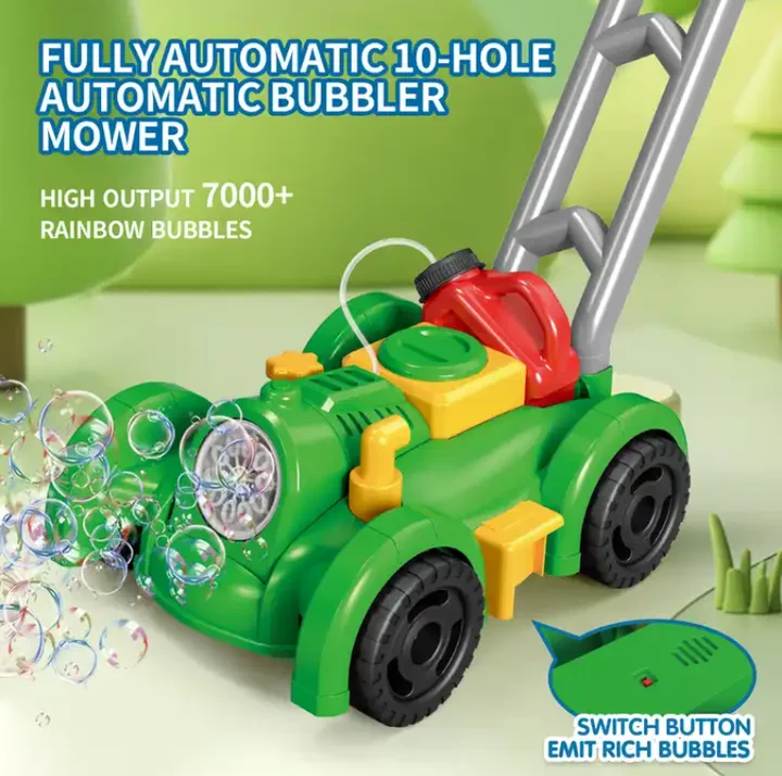 QW New Hot Selling Green Outdoor Educational Toy Fully Automatic Lawn Mower Bubble Handcart with 2 Bottles of 50ML Bubble Water
