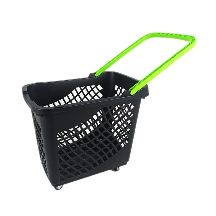 Manufacturer Eco-friendly 65L supermarket plastic folding shopping basket with 4 wheels