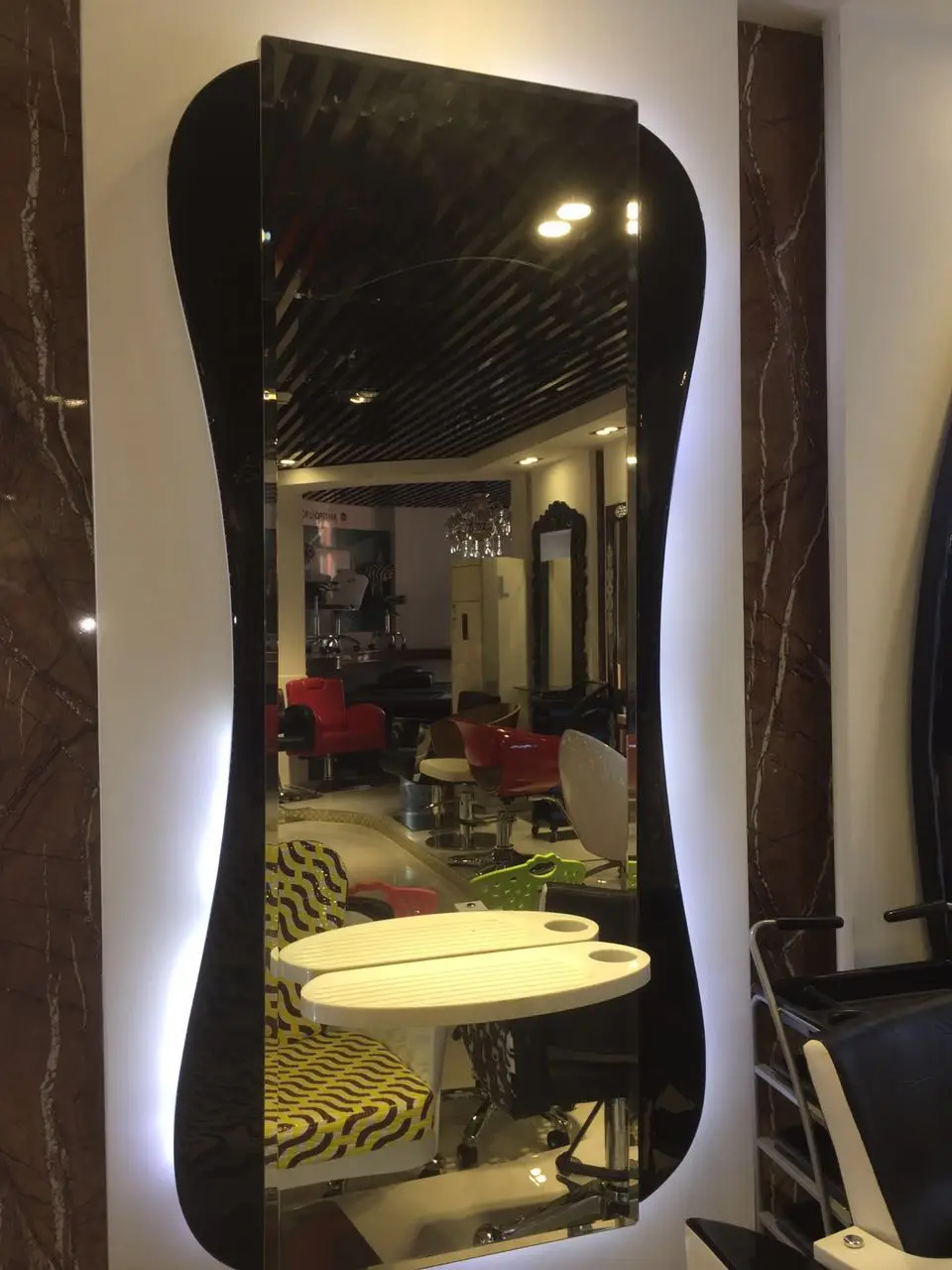 Salon Shop Equipment Fiberglass Wall-mounted Single Stations Round Led Mirrors For Barber