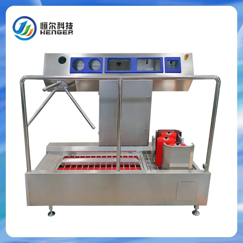 Industrial boot washing machine washer hygiene station with access control and hand disinfection and drying