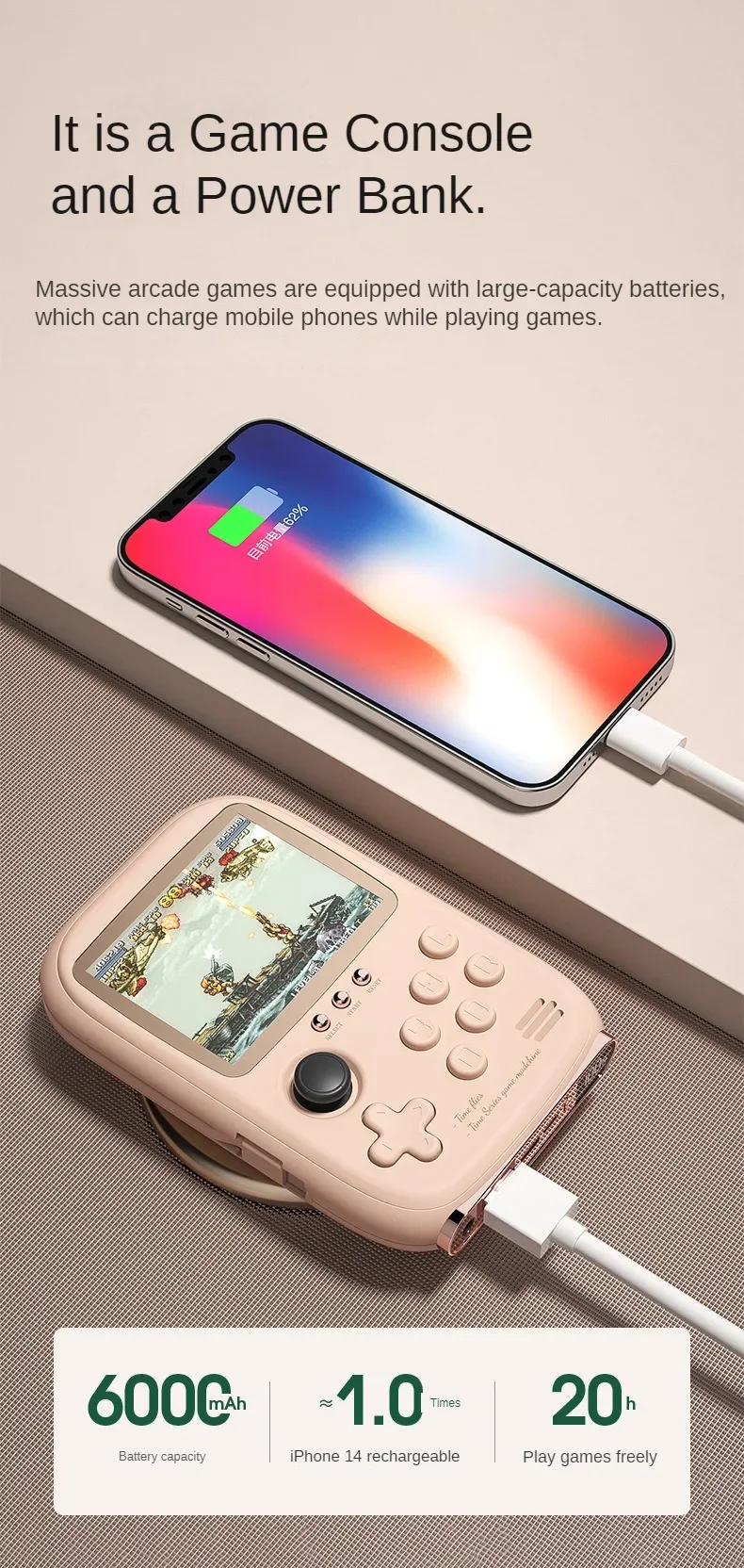 DY19 Mini Game Power Bank Portable Retro handheld Game Console 6000mAh Capacity 3.2 Inch Soft Light Color Screen 10000+ Game