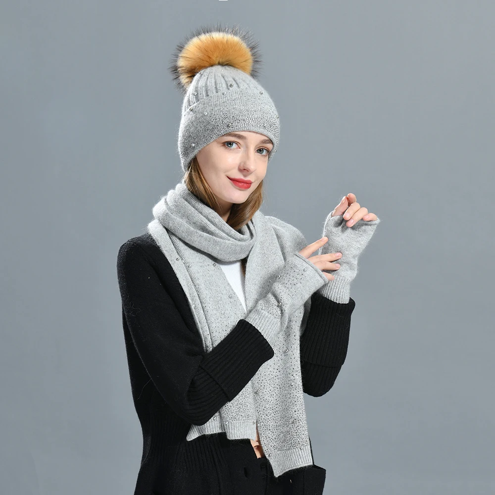 Женская модная зимняя теплая вязаная шапка и шарф для женщин комплект лыжных кашемировых перчаток дизайнерская