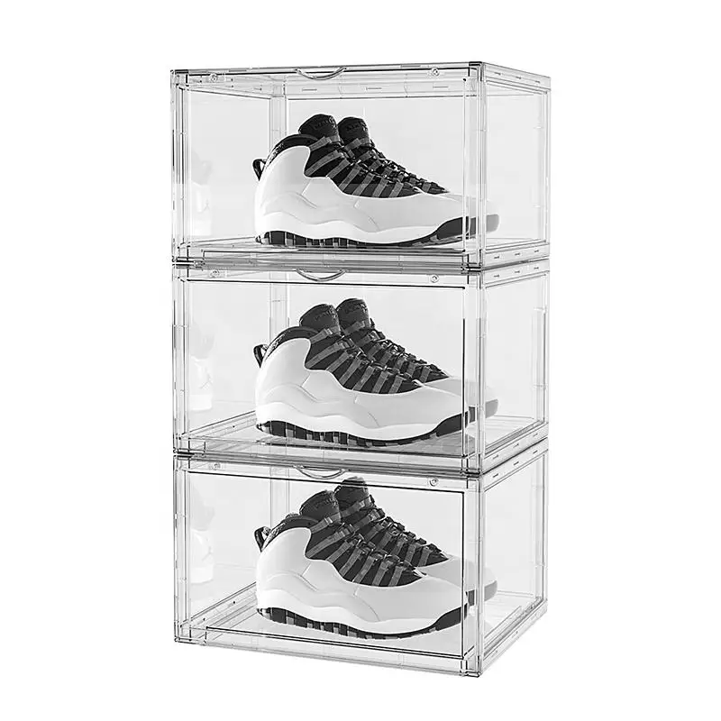 Clear Magnet Plastic Shoe Boxes Drop Front Shoe Storage Box Acrylic Custom Transparent Display Shoe Boxes Stackable Organizer