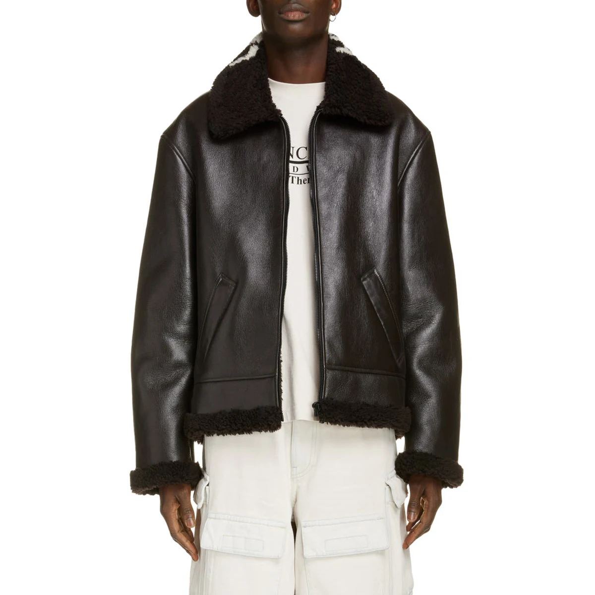 Winter Faux Leather Coat Furry Notch Lapel Sherpa Shearling Warm Brown Man Leather Jacket with Fur Collar Leather Jacket