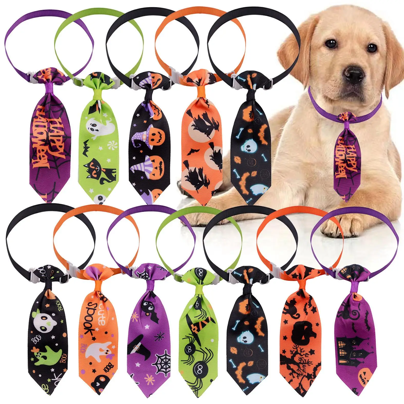 Halloween Dog Neck Tie Adjustable Multi Kind of Assorted Patter Puppy Pet Bow Ties Grooming Accessories for Small Dogs Birthday
